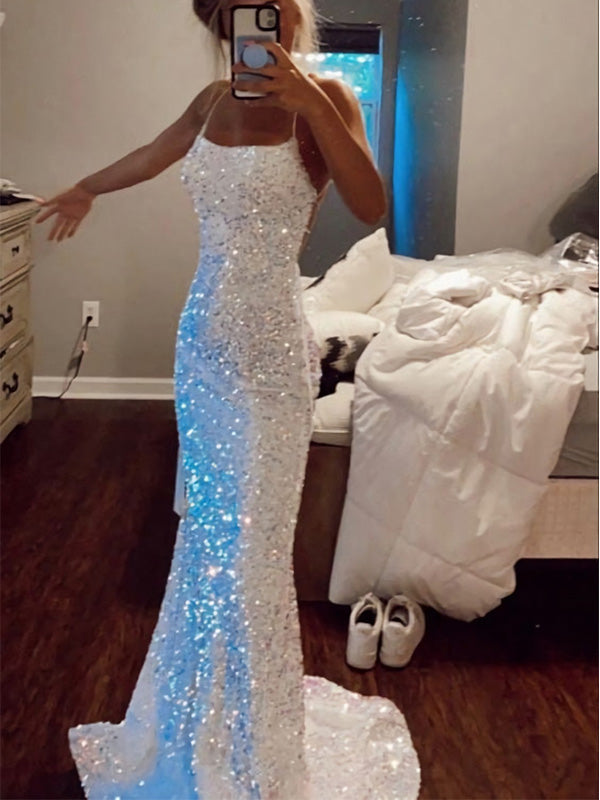 Sparkly Spaghetti Straps Mermaid Sequins White Long Evening Prom Dress Online, OL024