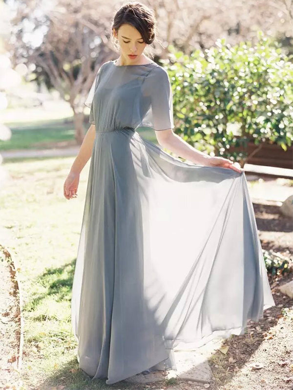Simple Grey Chiffon Half Sleeves A-line Long Bridesmaid Dresses Online DaintyBridal Simple Grey Chiffon Half Sleeves A-line Long Bridesmaid Dresses Online DaintyBridal