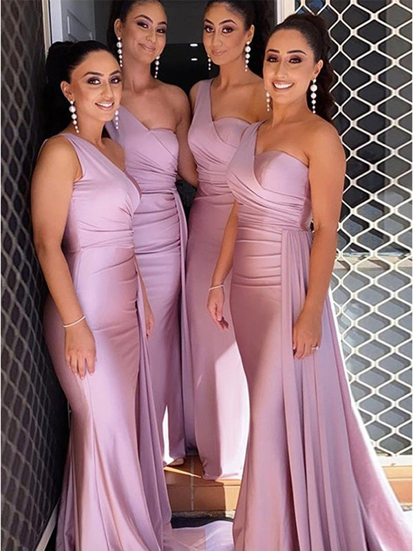 Simple One Shoulder Dusty Rose Mermaid Satin Long Bridesmaid Dresses w DaintyBridal Simple One Shoulder Dusty Rose Mermaid Satin Long Bridesmaid Dresses w DaintyBridal