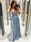 Sexy Deep V-neck A-line Spaghetti Straps Sleeveless Aqua Blue Long Evening Prom Dress, OL033
