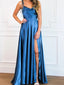 Charming Spaghetti Straps A-line Side Slit Ocean Blue Long Evening Prom Dress with Side Slit, OL037