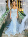 Charming Spaghetti Straps Mermaid Tulle Sky Blue Long Evening Prom Dress Online, OL039