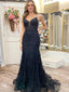 Charming Spaghetti Straps V-neck Mermaid Tulle Black Long Evening Prom Dress Online, OL040
