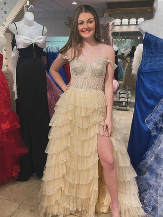 Charming Yellow Off the Shoulder A-line Side Slit Daffodil Black Pink Long Evening Prom Dress Online, OL044