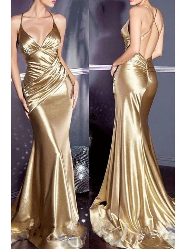 Sexy Spaghetti Straps Gold Mermaid Satin Long Evening Prom Dress Online, OL046