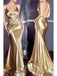 Sexy Spaghetti Straps Gold Mermaid Satin Long Evening Prom Dress Online, OL046