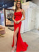 Elegant Red Spaghetti Straps Satin Sheath Long Prom Dresses Formal Dress with Side Slit, OL815