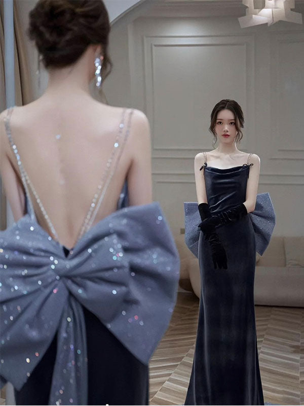 Elegant Velvet Spaghetti Straps Backless Sheath Long Prom Dresses Even DaintyBridal Elegant Velvet Spaghetti Straps Backless Sheath Long Prom Dresses Even DaintyBridal