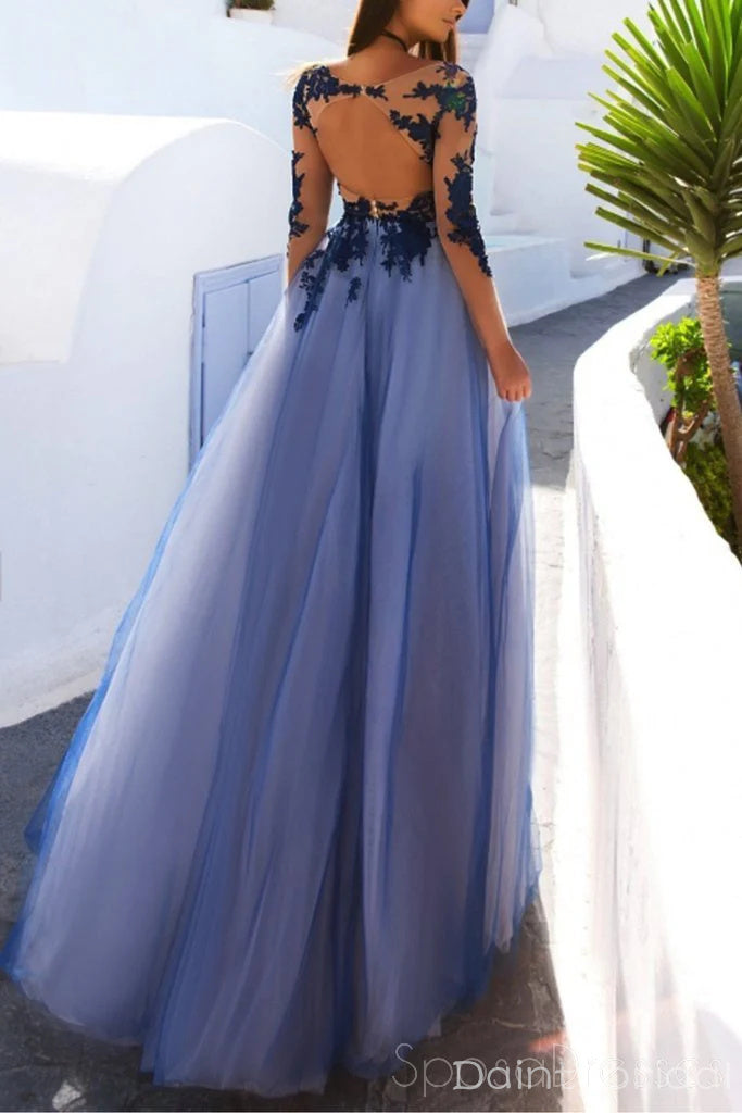 Elegant Illusion Long Sleeves Applique Backless Tulle Long Prom Dresses Evening Dress, OL943