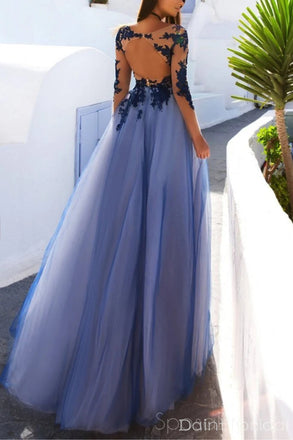 Elegant Illusion Long Sleeves Applique Backless Tulle Long Prom Dresses Evening Dress, OL943
