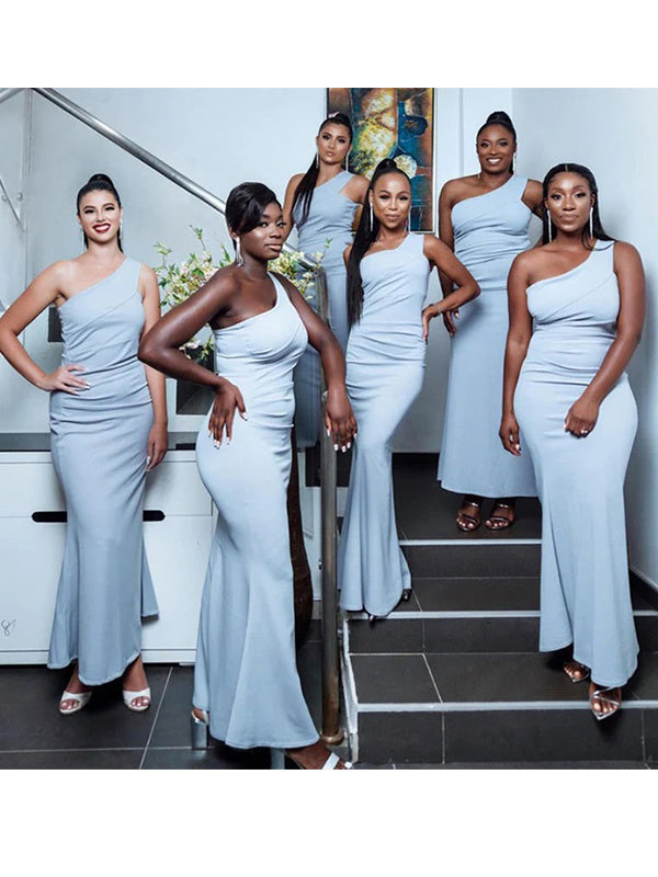 Simple One Shoulder Mermaid Satin Bridesmaid Dresses Online, BG322