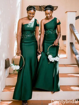 Simple One Shoulder Off the Shoulder Mermaid Satin Green Bridesmaid Dresses, BG325