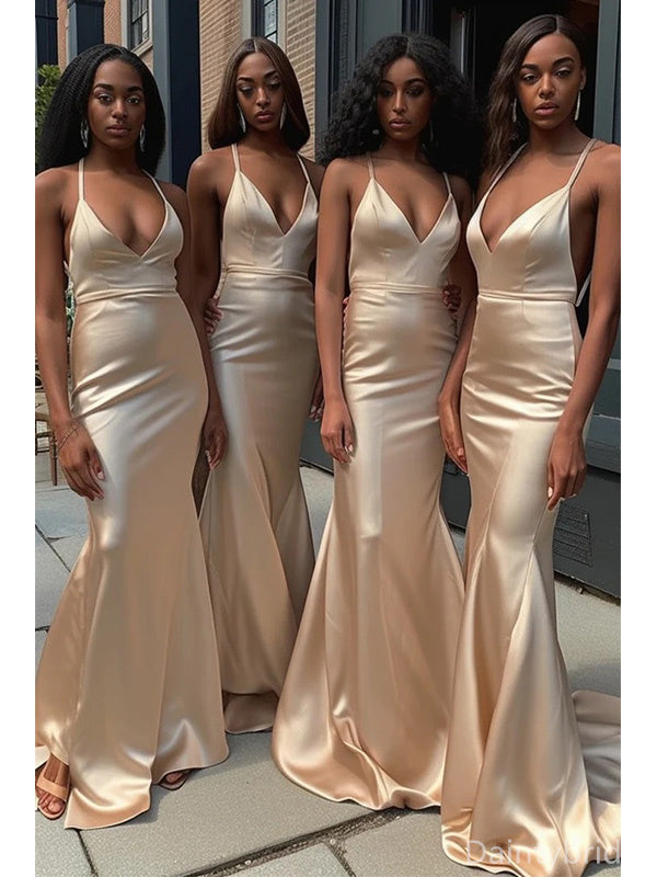 Simple Spaghetti Straps V-neck Mermaid Bridesmaid Dresses with Side Slit, BG341