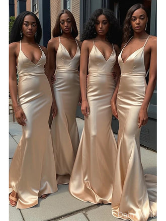 Simple Spaghetti Straps V-neck Mermaid Bridesmaid Dresses with Side Slit, BG341