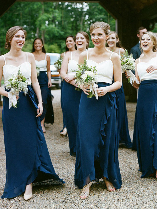 Elegant Spaghetti Straps Sleeveless A-line Ruffle White Bridesmaid Dresses Online, BG347