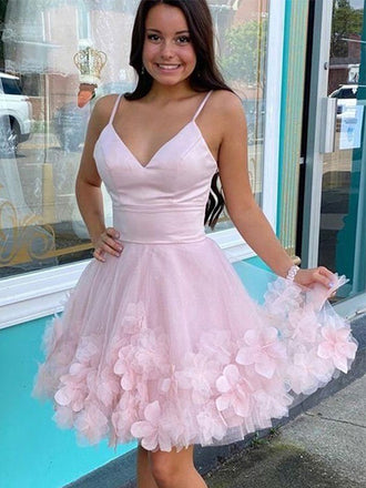 Elegant Spaghetti Straps V-neck A-line Tulle Short Flowers Homecoming Dresses Online, HD0596