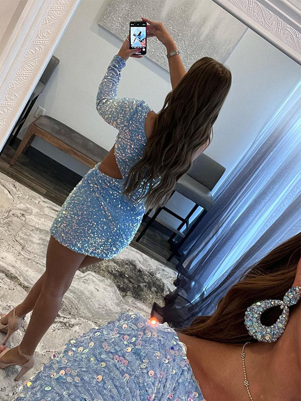 Sparkly One Shoulder Long Sleeve Short Light Blue Homecoming Dresses O DaintyBridal Sparkly One Shoulder Long Sleeve Short Light Blue Homecoming Dresses O DaintyBridal
