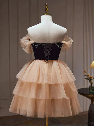 Elegant Off the Shoulder A-line Nude Pink Tulle Short Black Homecoming Dresses Online, HD0610