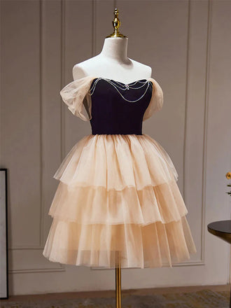 Elegant Off the Shoulder A-line Nude Pink Tulle Short Black Homecoming Dresses Online, HD0610