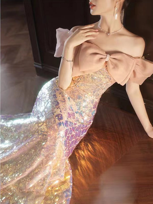 Sparkly Off the Shoulder Bowknot Sequin Mermaid Prom Dresses Evening Dress Online, OL973