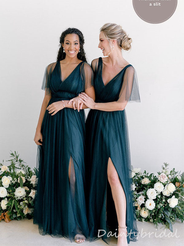 Elegant Half Sleeves V-neck Tulle Backless Bridesmaid Dress with Side DaintyBridal Elegant Half Sleeves V-neck Tulle Backless Bridesmaid Dress with Side DaintyBridal