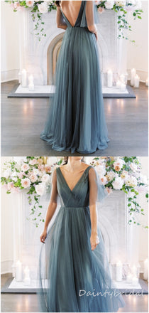 Elegant Half Sleeves V-neck Tulle Backless Bridesmaid Dress with Side Slit, BG276