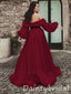 Gorgeous Red Long Sleeves Off the Shoulder A-line Long Prom Dresses Evening Dress with Side Slit, OL898