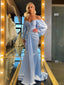 Elegant Off the Shoulder Long Sleeves Mermaid Sky Blue Long Satin Prom Dresses Online, OL977
