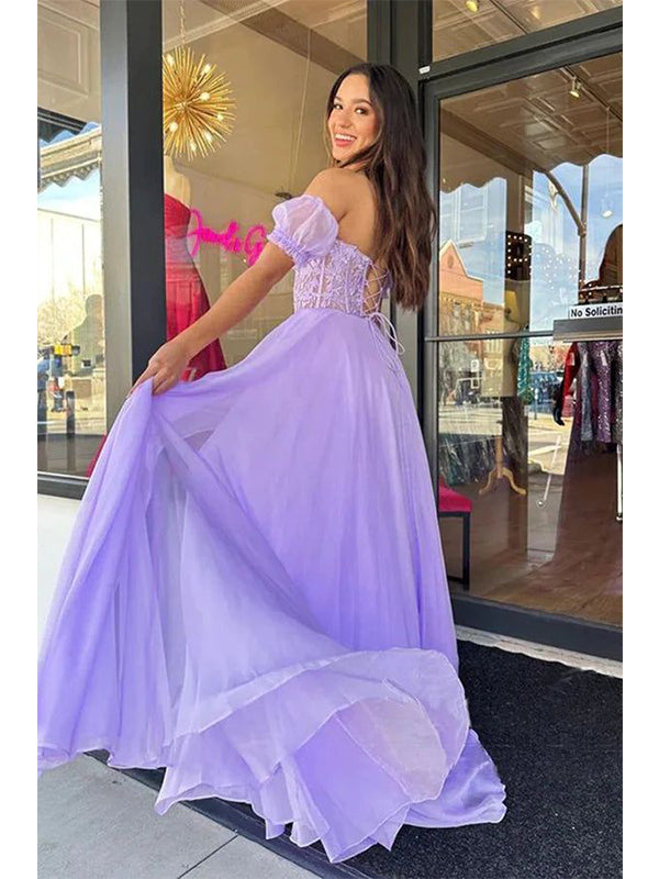 Chic Sweetheart A-line Chiffon Lilac Long Prom Dresses with Bubble Sleeves, OL981