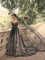 Gorgeous New Arrival Spaghetti Straps V-neck A-line Tulle Black Wedding Dress Online, WD0522