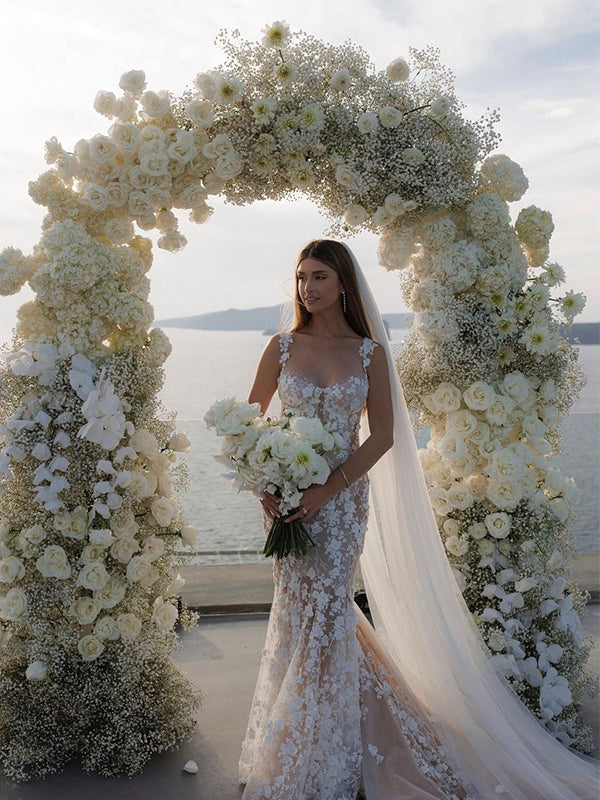Gorgeous Straps Mermaid Applique White Wedding Dress with Trailing, WD0524