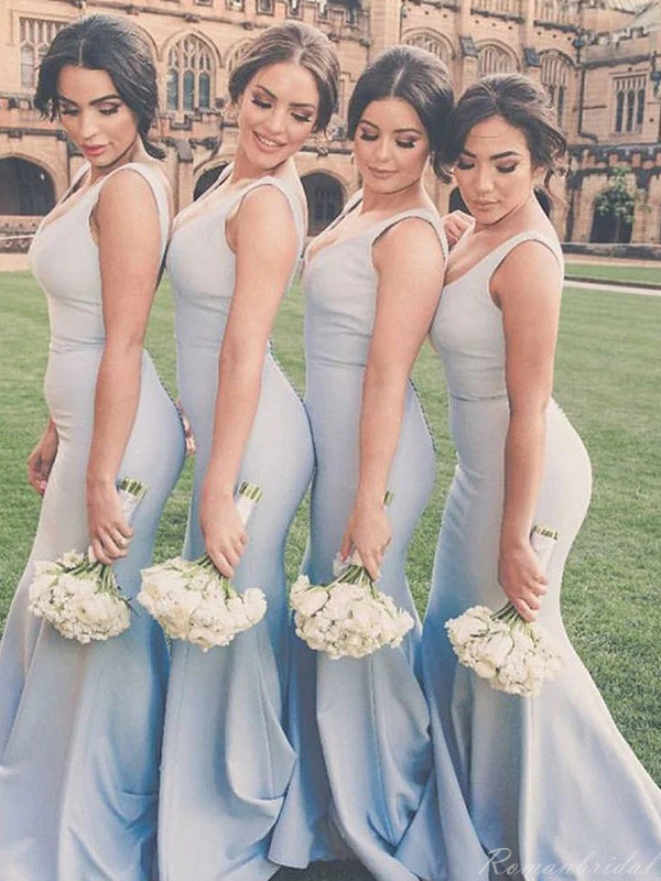 Simple V-neck Mermaid Sleeveless Satin Long Bridesmaid Dresses, BG298 – DaintyBridal