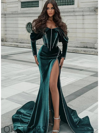 Elegant Long Sleeves Off the Shoulder Mermaid Velvet Long Prom Dresses with Side Slit, OL982