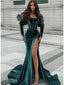 Elegant Long Sleeves Off the Shoulder Mermaid Velvet Long Prom Dresses with Side Slit, OL982