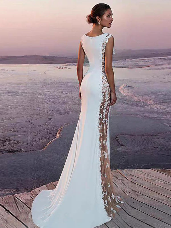 Elegant Sleeveless Mermaid Long Applique A-line Tulle Wedding Dresses, WD0529