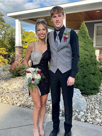 Sparkly Black White Spaghetti Straps Sequin Short Homecoming Dresses, HD0638