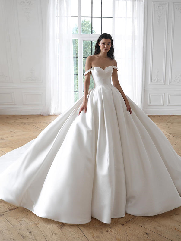Elegant Off the Shoulder A-line White Satin Wedding Dresses, WD0531