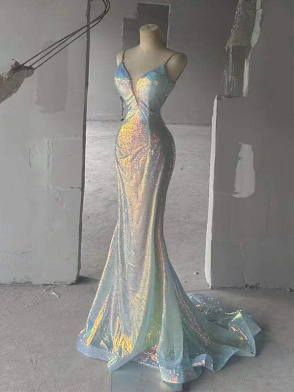 Sparkly Spaghetti Straps Mermaid V-neck Long Prom Dresses Online, OL986
