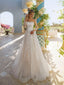 Elegant Long Sleeves A-line Applique Tulle White Wedding Dresses, WD0532