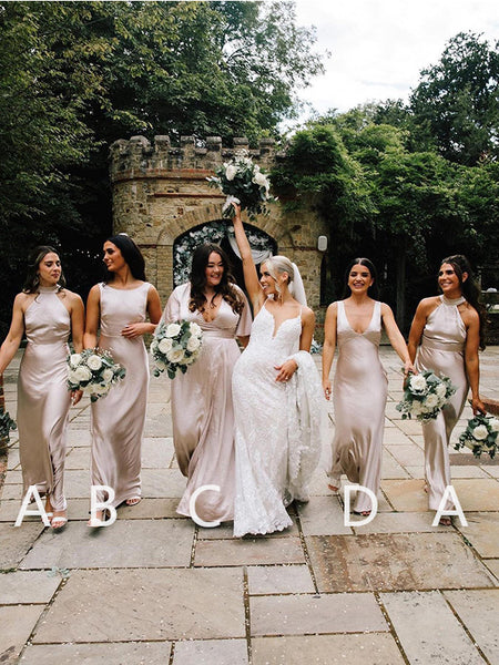 Mismatched Halter V-neck A-line Satin Taupe Bridesmaid Dresses Online, DaintyBridal Mismatched Halter V-neck A-line Satin Taupe Bridesmaid Dresses Online, DaintyBridal