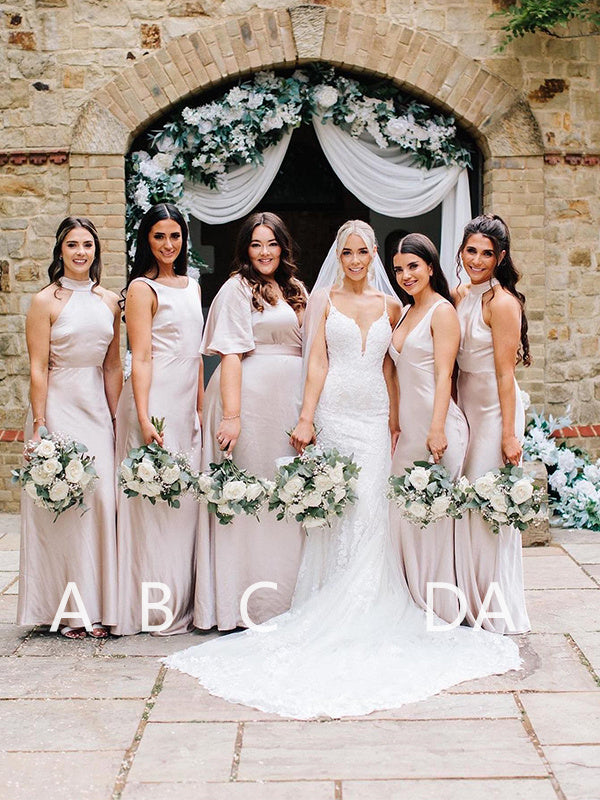 Mismatched Halter V-neck A-line Satin Taupe Bridesmaid Dresses Online, DaintyBridal Mismatched Halter V-neck A-line Satin Taupe Bridesmaid Dresses Online, DaintyBridal
