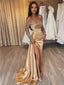 Elegant Mermaid Long Sleeves Sequins Long Champagne Satin Prom Dresses with Side Slit, OL988
