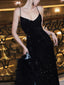 Sparkly A-line Spaghetti Straps V-neck Sequins Long Black Prom Dresses Online, OL989