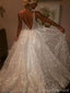 Sparkly Spaghetti Straps V-neck Open  Back A-line Long Prom Dresses Evening Dress, OL949
