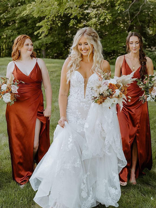 rust and champagne bridesmaid dresses Rust and beige bridesmaid dresses