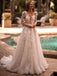 Elegant Long Sleeves A-line V-neck Applique Tulle White Wedding Dresses, WD0534