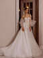 Elegant Off Shoulder Sweetheart A-line Applique Tulle White Wedding Dresses, WD0536
