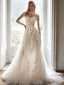 Elegant Long Sleeves Illusion A-line Applique Tulle White Wedding Dresses, WD0536
