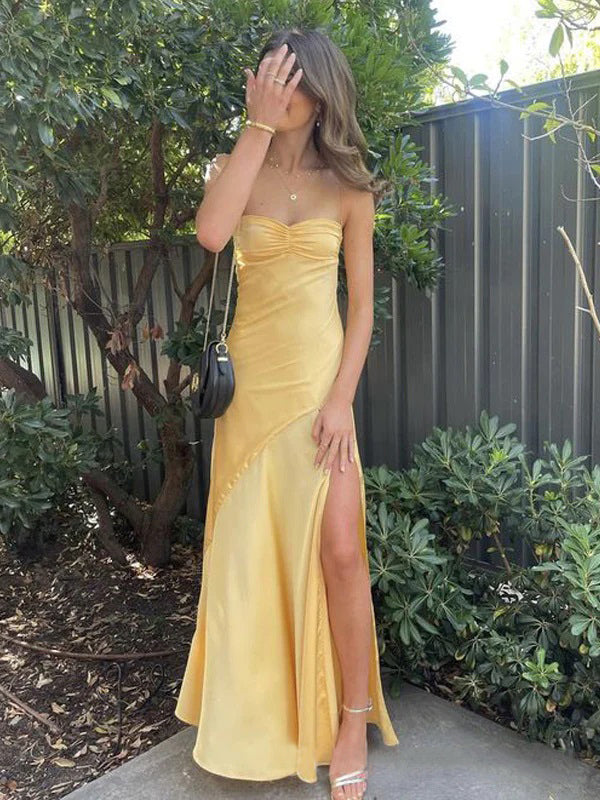 ◇typeservice◇ Back Slit Lettuce Stitch Top Yellow Simple Sleeveless Mermaid Satin Yellow Prom Dresses with