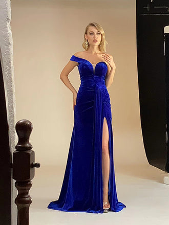 Elegant One Shoulder Mermaid Side Slit Velvet Prom Dresses Online, OL991